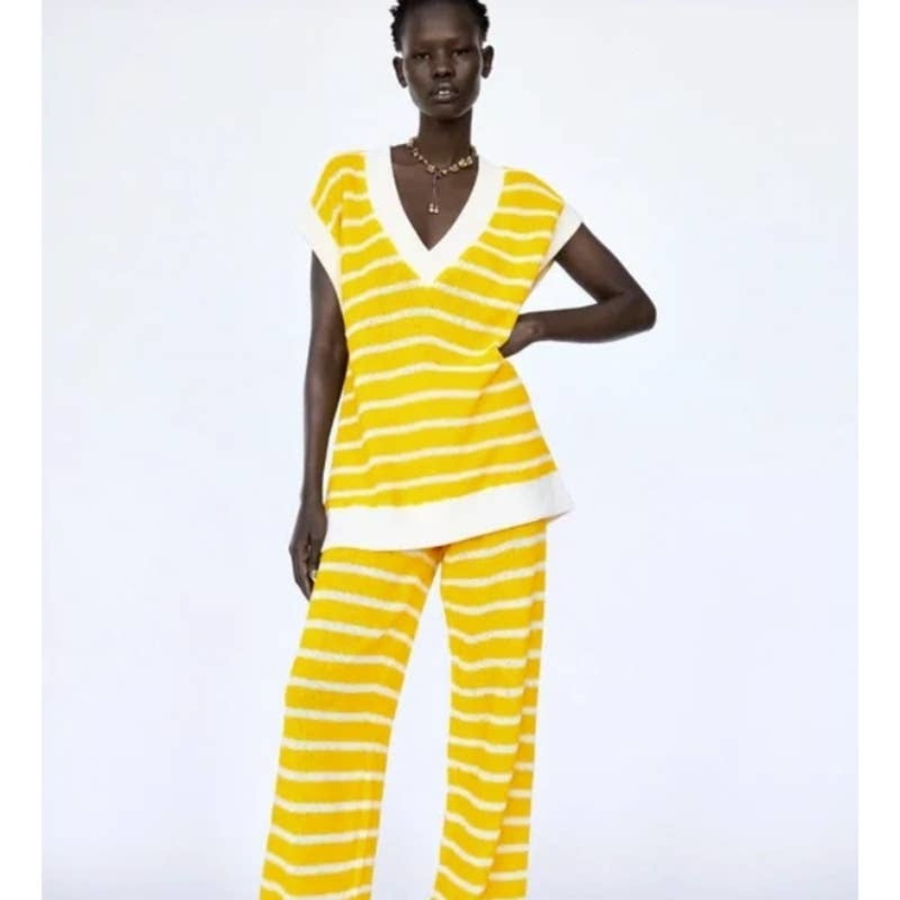 ZARA Women's Striped Rustic V-Neck Tunic Top & Pants Set Yellow White Size S/M